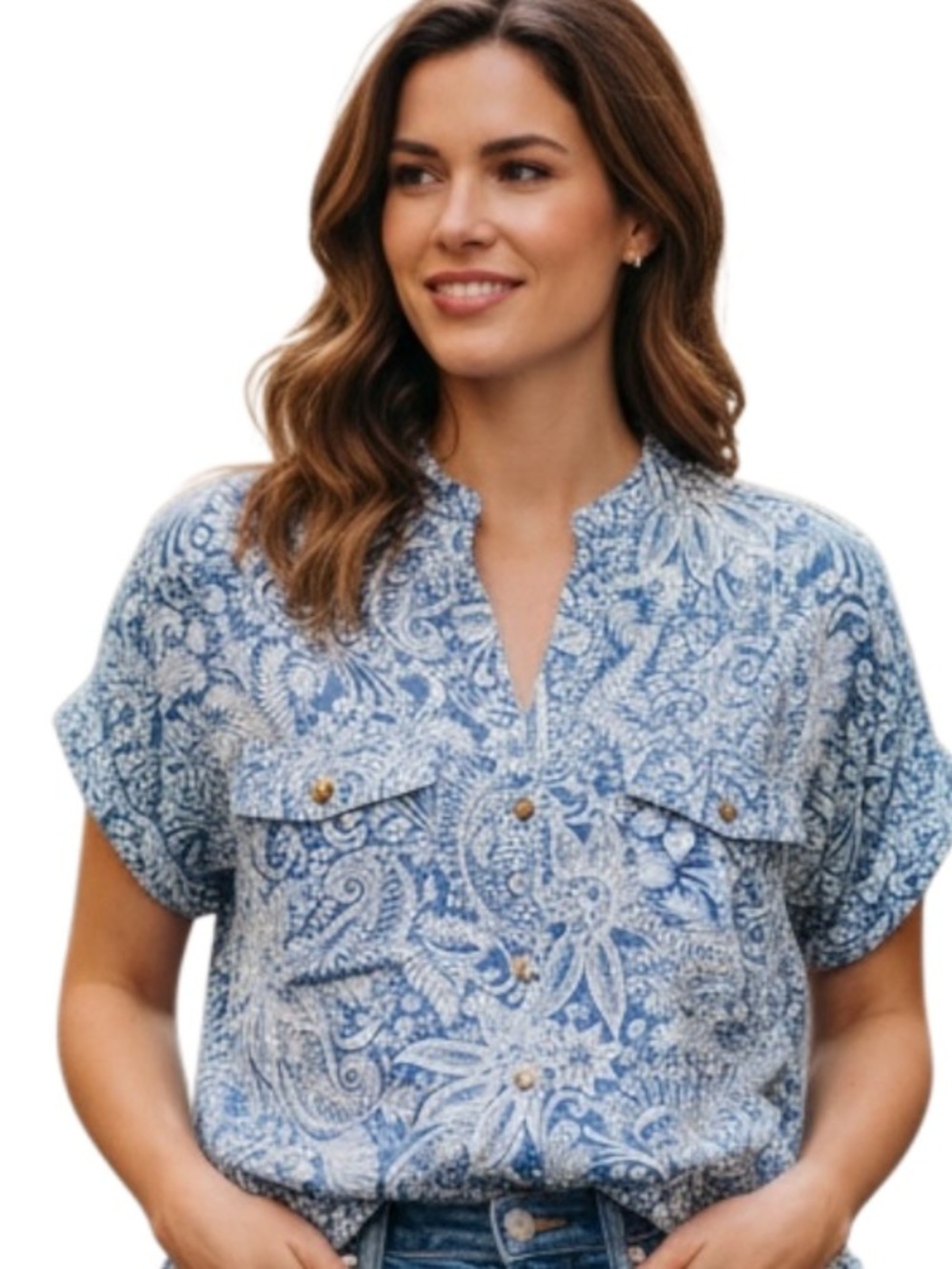 Cure Blouse Womens Petite M Blue & White Floral  Paisley Button Front Short
